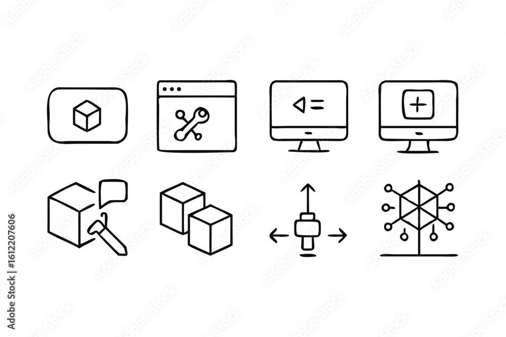Poster set of eight simple line icons representing technology and development concepts computer
