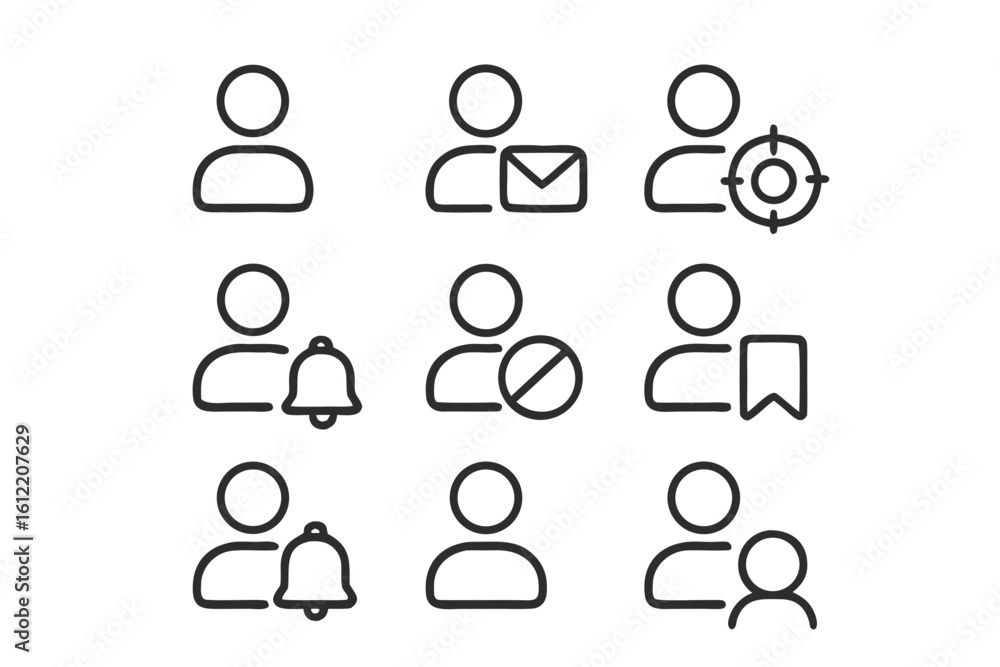 Poster set of nine minimalist user profile icons with notification and action symbols person silhouette