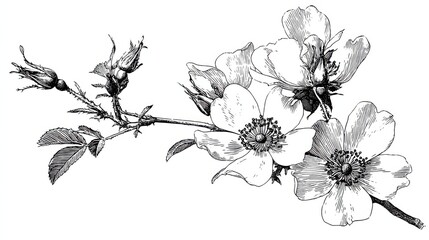 Wildflower rosa canina in a vector style isolated. Black and white engraved ink art. Vector flower for background, texture, wrapper pattern, frame or border., no logos, no brands