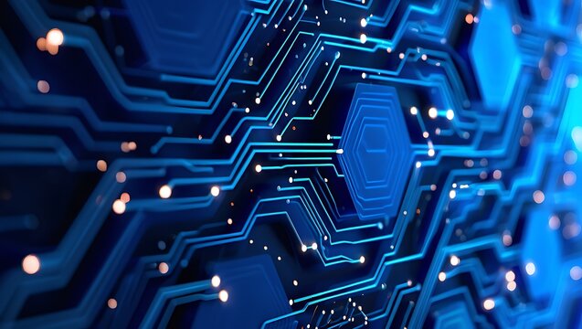 Abstract blue circuit board with glowing lights and intricate pathways