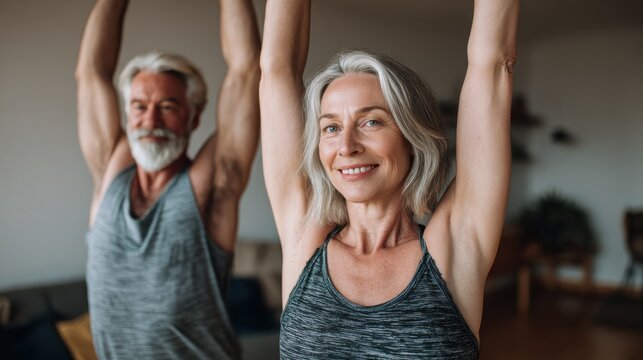 Fit middle aged 50s family couple doing fitness yoga morning exercise at home. Sporty healthy old mature man and woman training together standing in living room. Active seniors sport stretching., no 