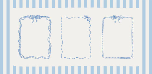 Set of Mediterranean summer whimsical frames. Coquette coastal hand drawn vector borders collection. Nautical decorative retro borders with waves, rope, terazzo shapes. Perfect for summer sea vacation