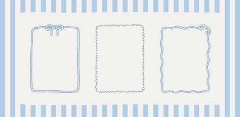 Set of Mediterranean summer whimsical frames. Coquette coastal hand drawn vector borders collection. Nautical decorative retro borders with waves, rope, terazzo shapes. Perfect for summer sea vacation