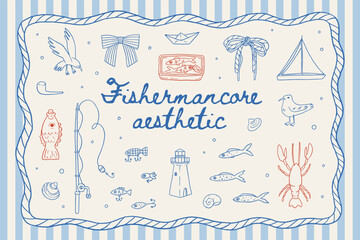 Fishermancore aesthetic whimsical line art illustration set. Nautical elements: fishing rod, boat, lighthouse, lobster, fish, sardines, seagull. Hand drawn vintage coastal design. Summer sea vector.