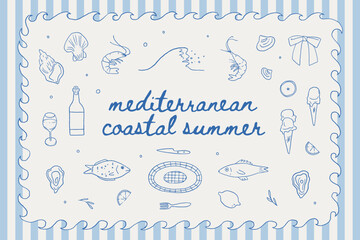 Mediterranean coastal summer whimsical line art illustrations. Hand drawn seafood, wine, sailboat, swimsuit, coffee, ice cream, and marine elements. Relaxed Italian vacation vibe vector collection