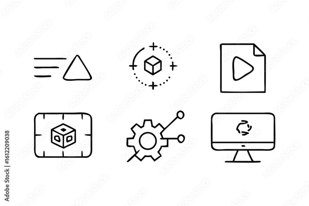 Poster technology icons set 3 d modeling data processing and computer monitoring 3d modeling cube