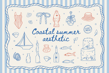 Coastal summer aesthetic whimsical line art illustration set. Nautical party elements: boat, wedding cake, fish, candles, sardines, seagull. Hand drawn vintage coastal design. Fishermancore sea vector