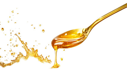 Photo of a golden spoon is dripping viscous honey with a splash of liquid against a plain transparent background