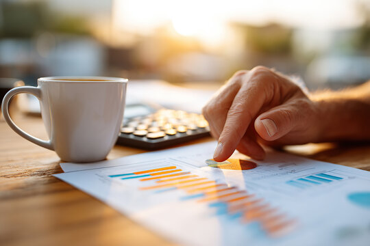 Analyzing graphs and calculations at a desk with coffee in the late afternoon sun
