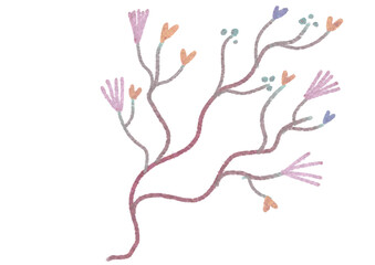 An abstract and artistic illustration of a stylized plant or branch, rendered with a fragmented, geometric style in shades of muted purple, pink, orange, and blue.