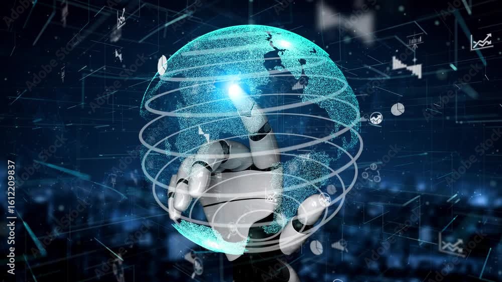 Poster a captivating illustration of a robotic hand interacting with a digital globe, surrounded by dynamic