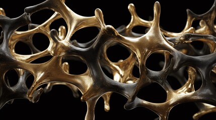Intricate golden-black organic structure, a fusion of natural form and metallic sheen, creating an abstract visual texture on a simple black background.