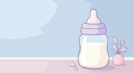 Baby bottle with milk on table beside small pink plant