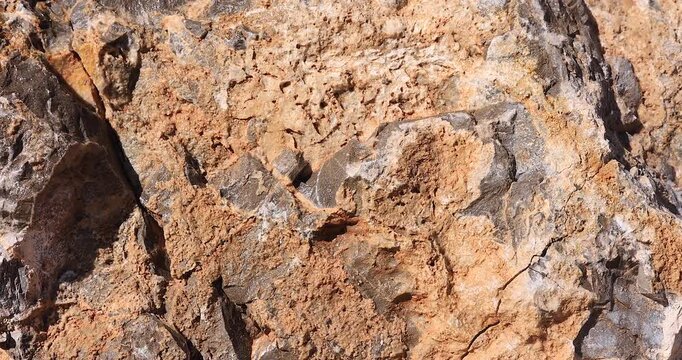 Rough tan and grey Rock Face with Mineral Veins for Texture Highlight pull-back shot
