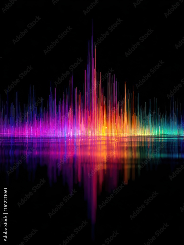 Poster audio spectrum visualization pulsating with neon colors,