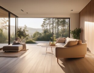 minimalist smart home with large soft morning light pouring in creating serene atmosphere