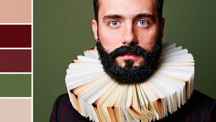 Portrait of Bearded Man Wearing Book Page Ruff