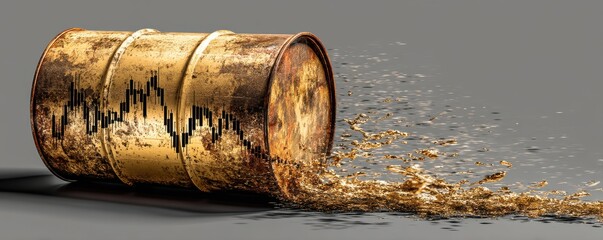 Golden oil barrel with stock market graph and fluid motion effect