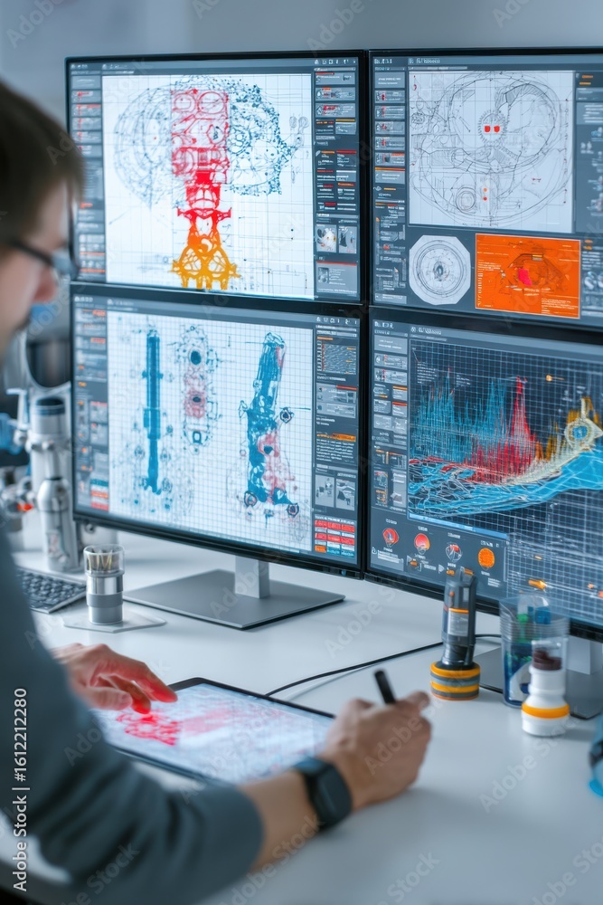 Poster Engineer analyzes data on multiple computer screens with advanced AI tools