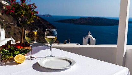 Pranzo romantico su terrazza di Santorini con vino bianco locale e vista panoramica sulla caldera vulcanica