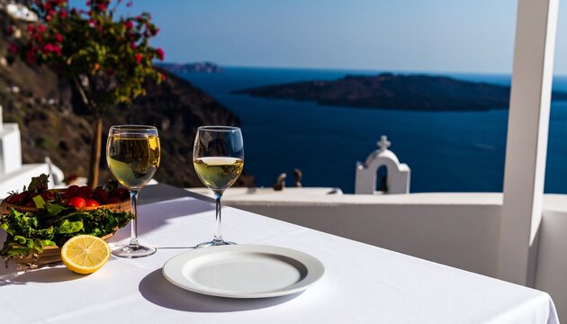 Pranzo romantico su terrazza di Santorini con vino bianco locale e vista panoramica sulla caldera vulcanica