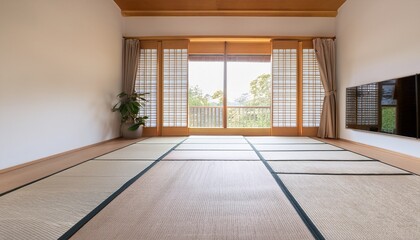 modern and minimalist interior of a room with a large window on the left side the floor is covered with white tatami mats which are traditional japanese prayer mats