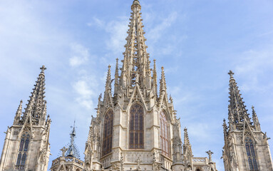 Gothic Catholic Cathedral Facade  Barcelona Catalonia Spain. Built in 1298.