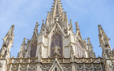 Gothic Catholic Cathedral Facade  Barcelona Catalonia Spain. Built in 1298.