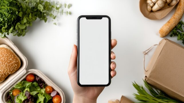 Hand of woman hold phone mock up white screen over weight loss diet fresh healthy food take away boxes bag daily nutrition ready menu plan meal online delivery service mobile app ad. Flat lay top vie