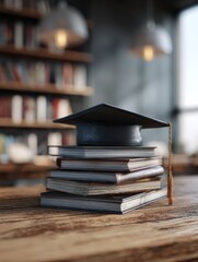 Books, graduation cap on wooden table. Education concept. Learning, knowledge. Lifelong learning. Transition to online learning platforms, AI tutors. Focus on education innovation, trends. Industry