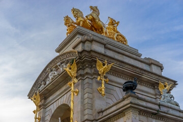 Golden horses and gargoyles in the Citadel Park in Barcelona, Catalonia, Spain