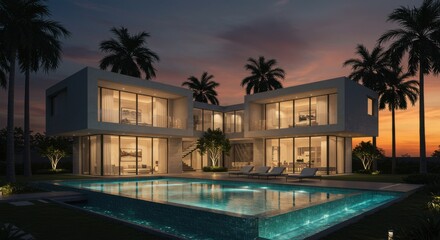 Modern luxury villa with swimming pool at dusk