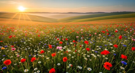 Fototapeta premium Beautiful poppy flower field landscape scenic view at sunrise nature photography wallpaper background image