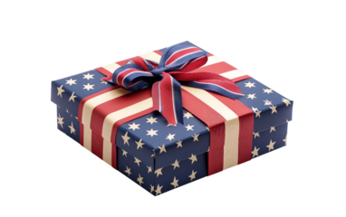 Product style photo of a Presidents Day gift box with patriotic colors and themed decoration isolated on transparent background PNG