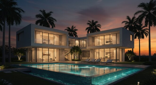 Modern luxury villa with swimming pool at dusk