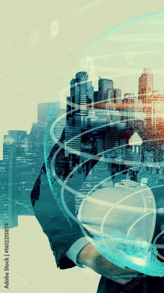 Poster future building construction and inventive engineering project concept with hud hologram graphic des