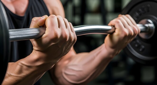 Bodybuilder lifting barbell weight training workout muscular strength fitness exercise gym arm muscle power