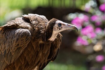 Vulture close-up with blurred floral background.