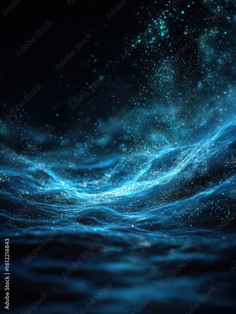 Poster dark backdrop, abstract scene with blue waves and shimmering particles create mesmerizing visual exp