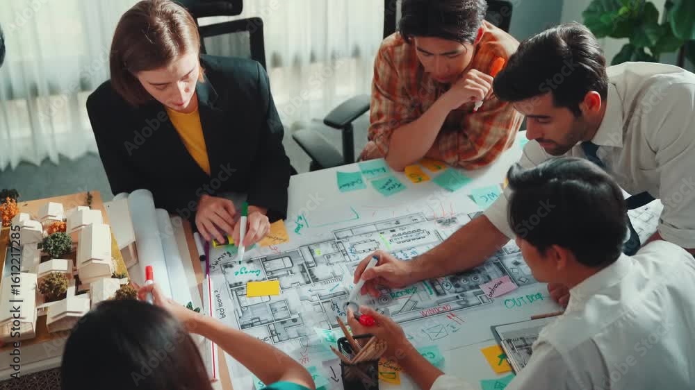 Poster group of diverse team planning strategy while sitting at table with project plan. top aerial view of