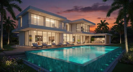 Fototapeta premium Modern luxury mansion with infinity pool at sunset