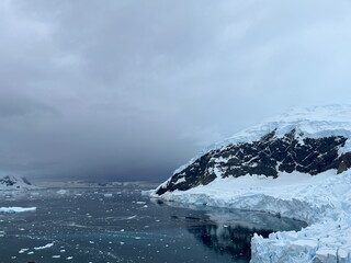 Polar seascape of Antarctica with icebergs floating in the ocean and glacier around under gloomy and moody grey skies. The scene exudes tranquility, with a pristine and untouched polar environment.
