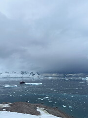 Polar seascape of Antarctica with icebergs floating in the ocean and glacier around under gloomy and moody grey skies. The scene exudes tranquility, with a pristine and untouched polar environment.