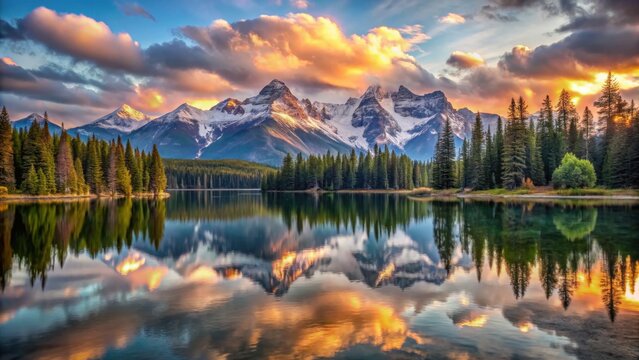 Majestic snowcapped mountains reflect in a calm lake at sunset - Powered by Adobe