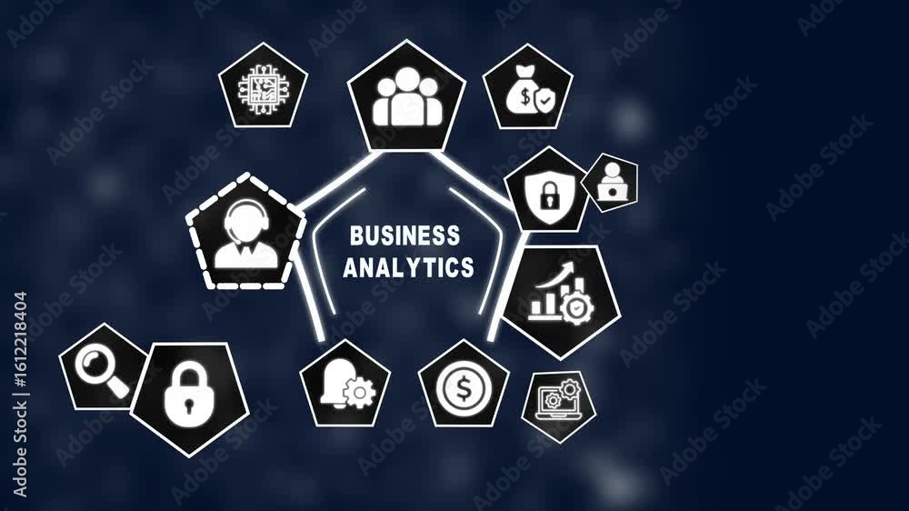 Poster business analytics concept visualization with icons and connections illustrating data analysis