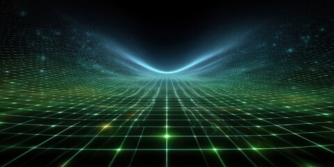 A vast digital grid in neon green recedes into a dark, glowing horizon, filled with thousands of sparkling data points. The virtual environment feels immersive, like a sci-fi cyberspace landscape.

