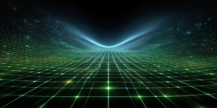 A vast digital grid in neon green recedes into a dark, glowing horizon, filled with thousands of sparkling data points. The virtual environment feels immersive, like a sci-fi cyberspace landscape.


