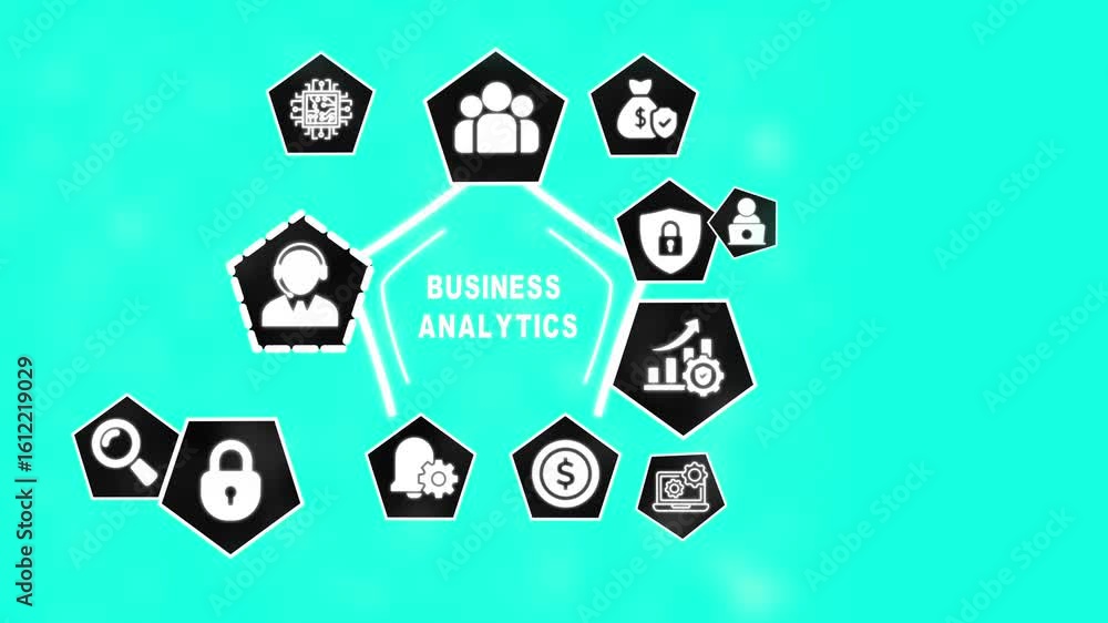 Poster business analytics infographic concept illustrating data analysis security and teamwork with