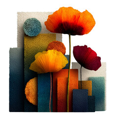Modern abstract city made of colorful geometric blocks and dreamy textured flowers resembling urban nature blend in fantasy 3D design on a transparent background