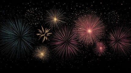 Flat fireworks. Festive sparkles, carnival salutes. Christmas, 4th july and winter holidays outline firework explosion element, no logos, no brands